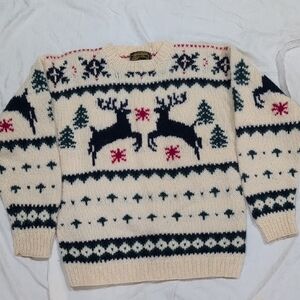 Eddie Bauer Cream Reindeer Sweater Wool Christmas Holiday Vintage